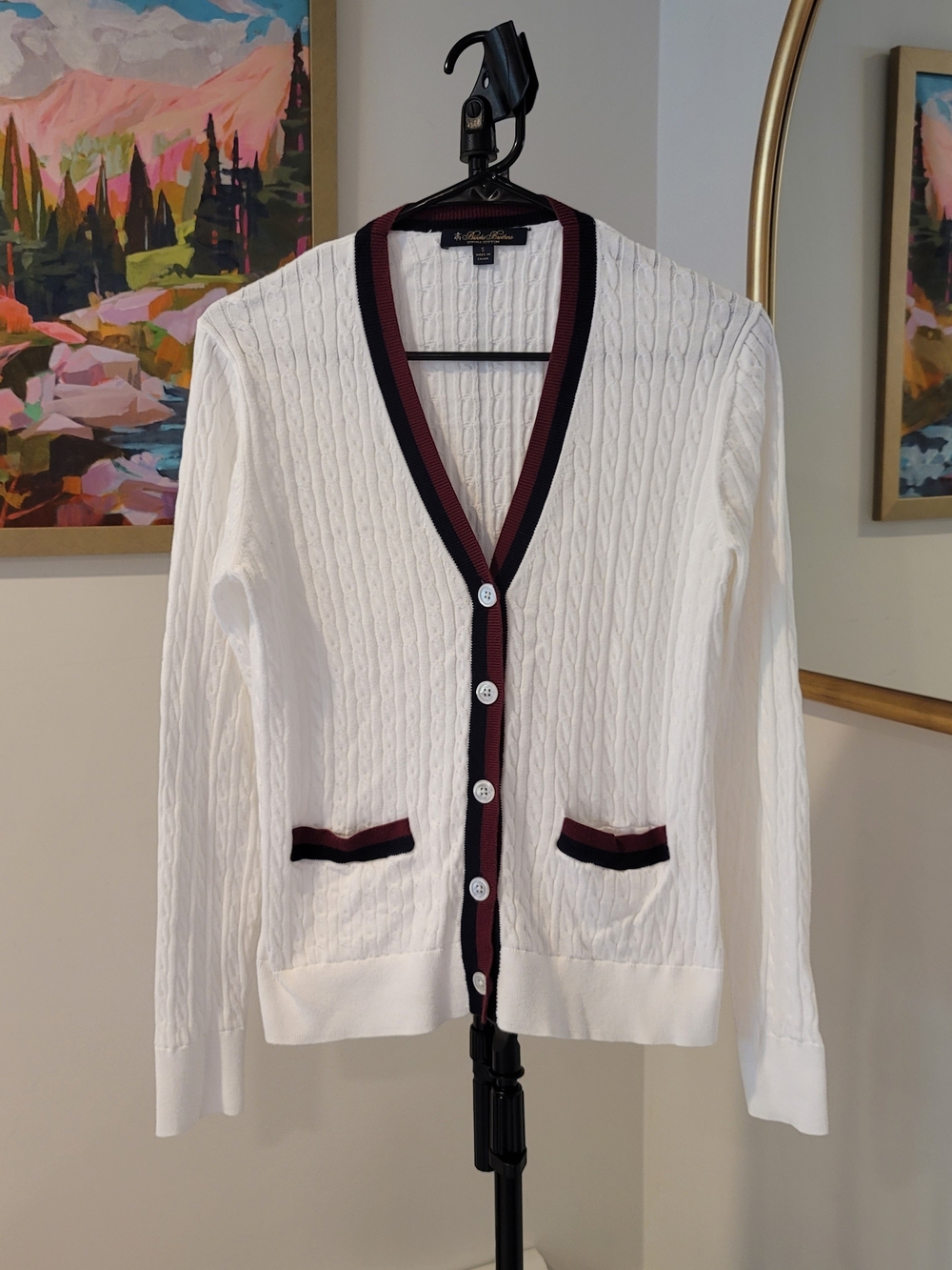 BROOKS BROTHERS Cotton Cable Knit Cardigan Striped Trim Long Sleeve Size S